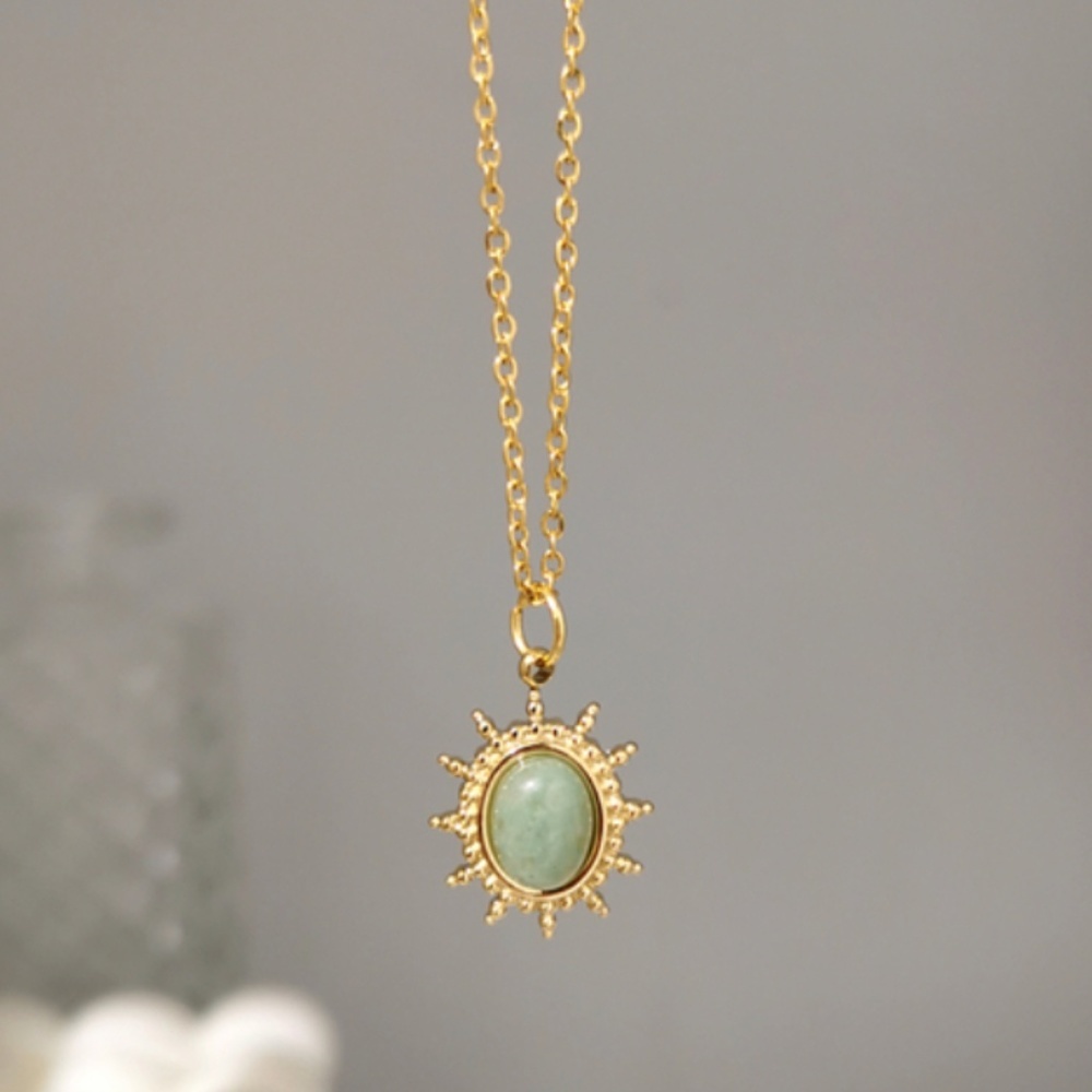 Stainless Steel Gold Necklace with Green Burst Pendant